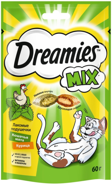 Лакомые подушечки Dreamies MIX с курицей и кошачьей мятой 60г