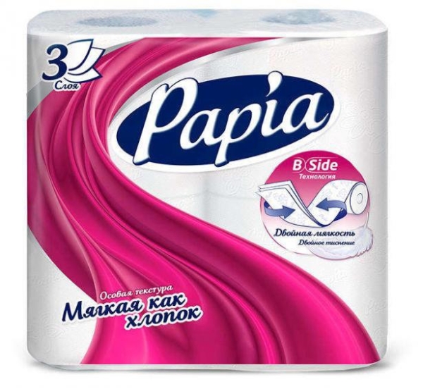 Бумага туалетная PAPIA 3сл, 4шт