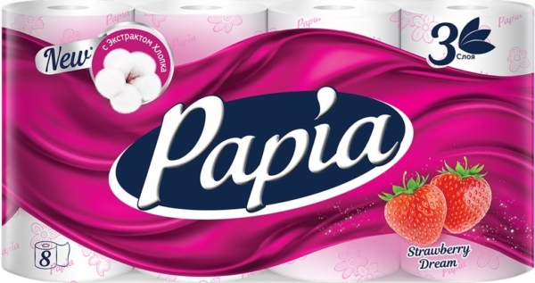 Бумага туалетная PAPIA Клубничная мечта 3сл, 8шт