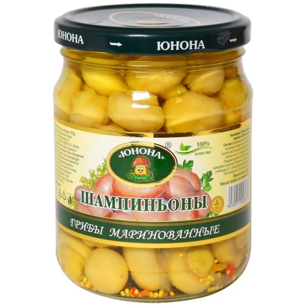 Шампиньоны маринованные целые Юнона, 500г