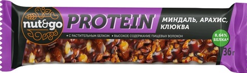 Батончик NUT&GO протеин, миндаль, клюква, арахис, глазированный 36гр